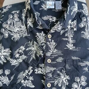 OP Sport Black & White Hawaiian Shirt Mens XL button up cotton camp short sleeve